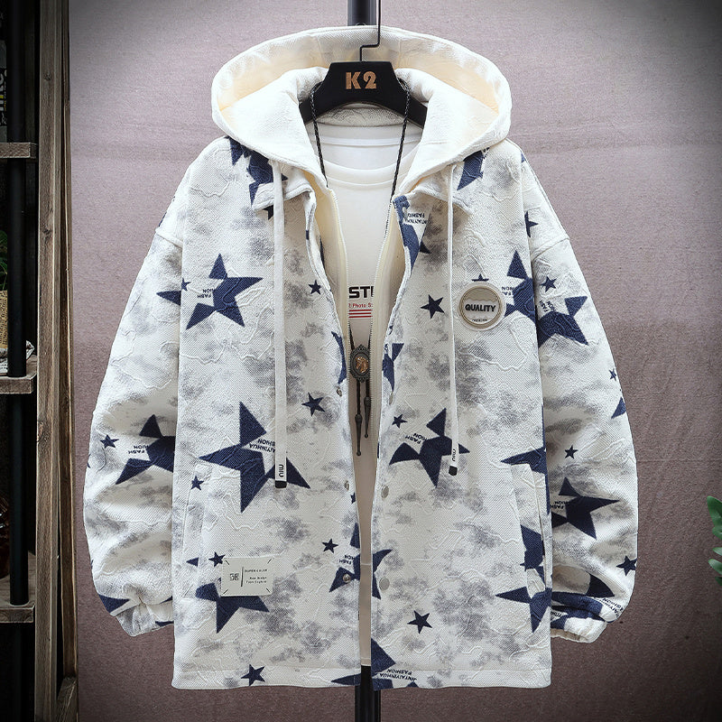 Fake Two-piece Hooded Men's Autumn And Winter Cartoon Printed Jacket