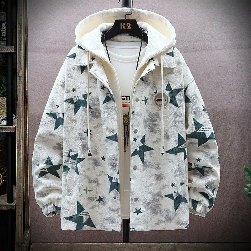 Fake Two-piece Hooded Men's Autumn And Winter Cartoon Printed Jacket