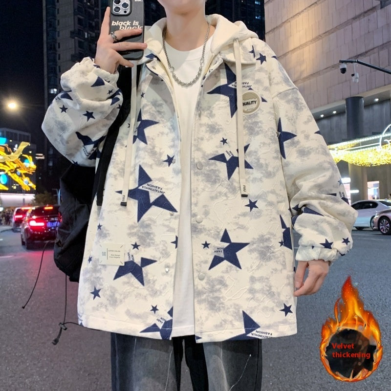 Fake Two-piece Hooded Men's Autumn And Winter Cartoon Printed Jacket